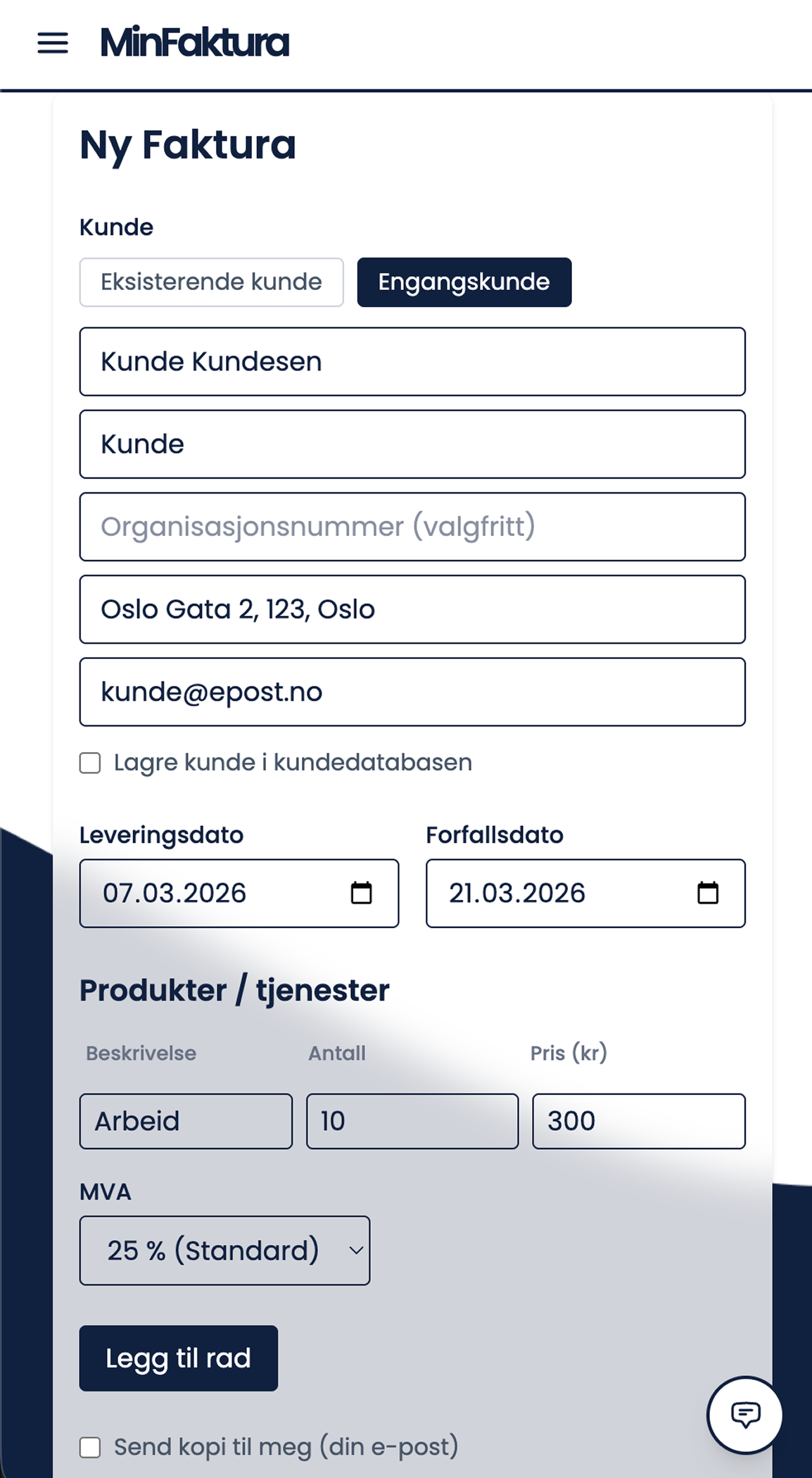 Skjermbilde av fakturaskjema i MinFaktura